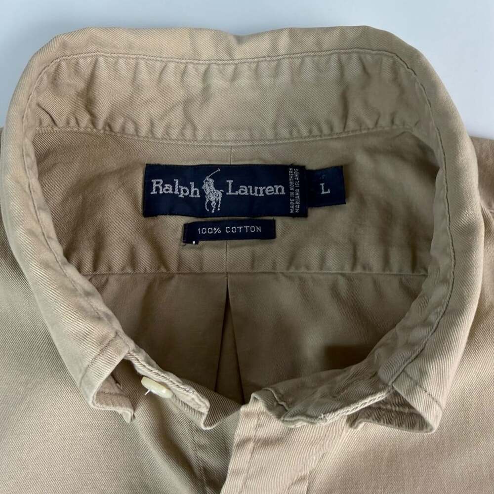 Vintage Ralph Lauren Polo Men’s Large Khaki Tan Cotton Button Down Oxford Shirt